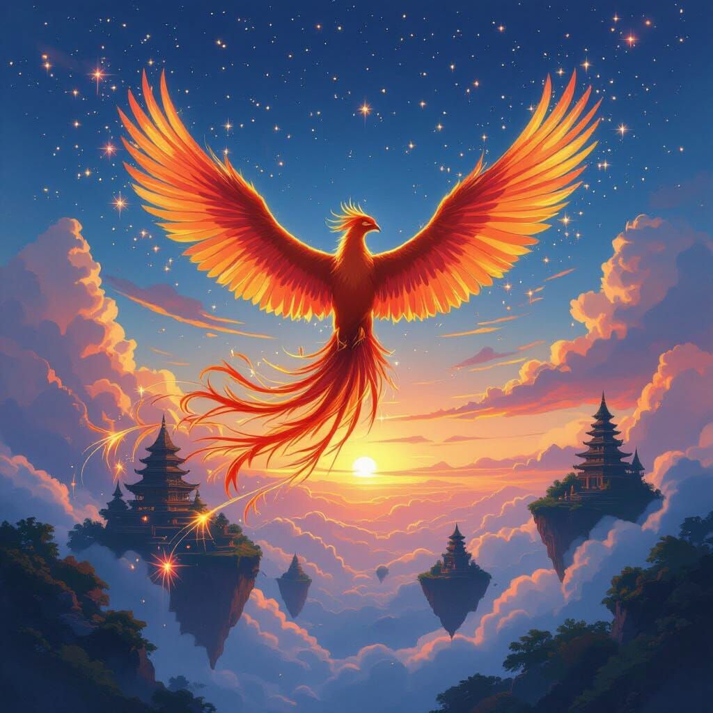 Phoenix Soaring Through Twilight Sky, Impressionist Fantasy