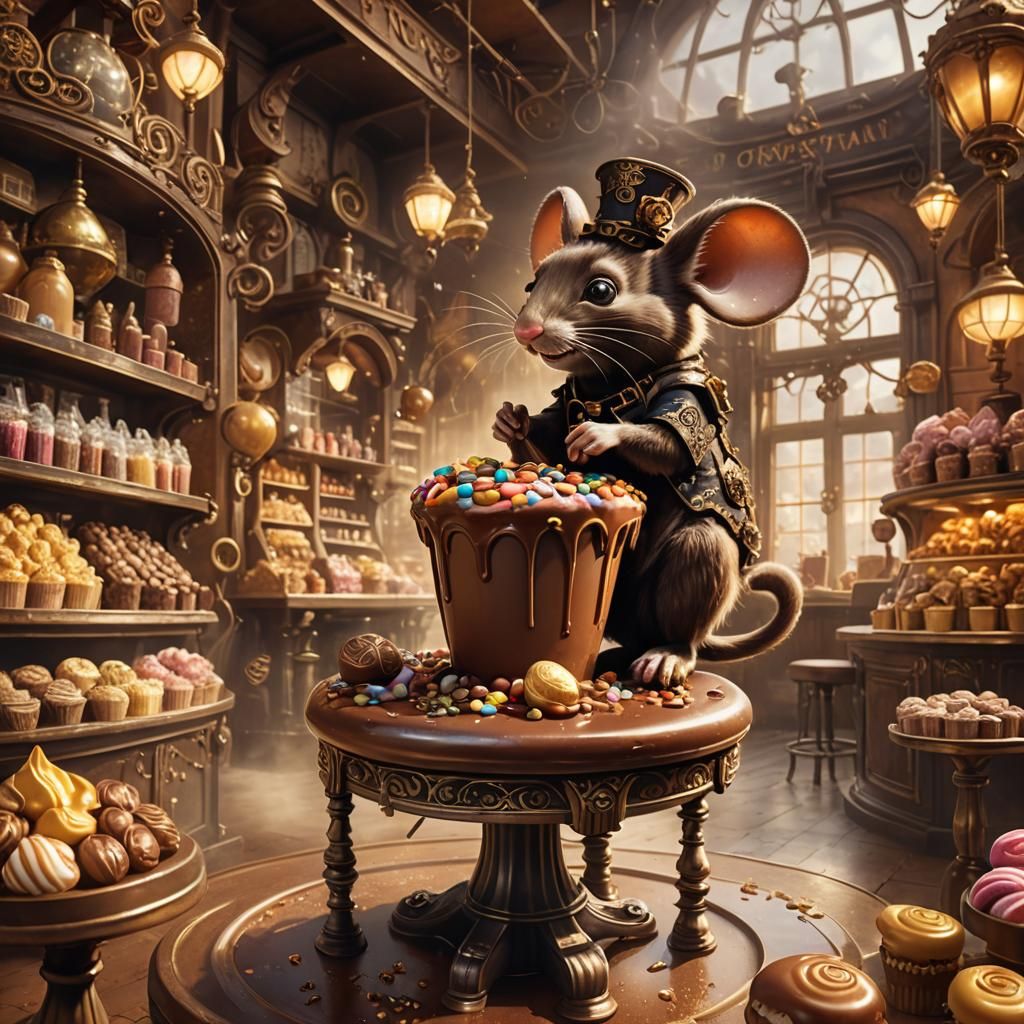 Chocolate Mouse in Steampunk Candy Shop: Fantasy Art