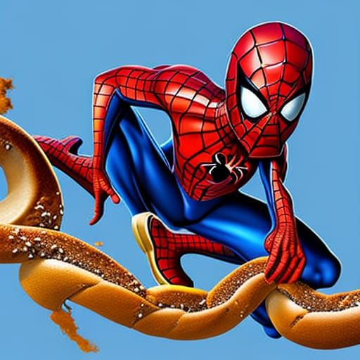 "Spiderman eating a Pretzel"