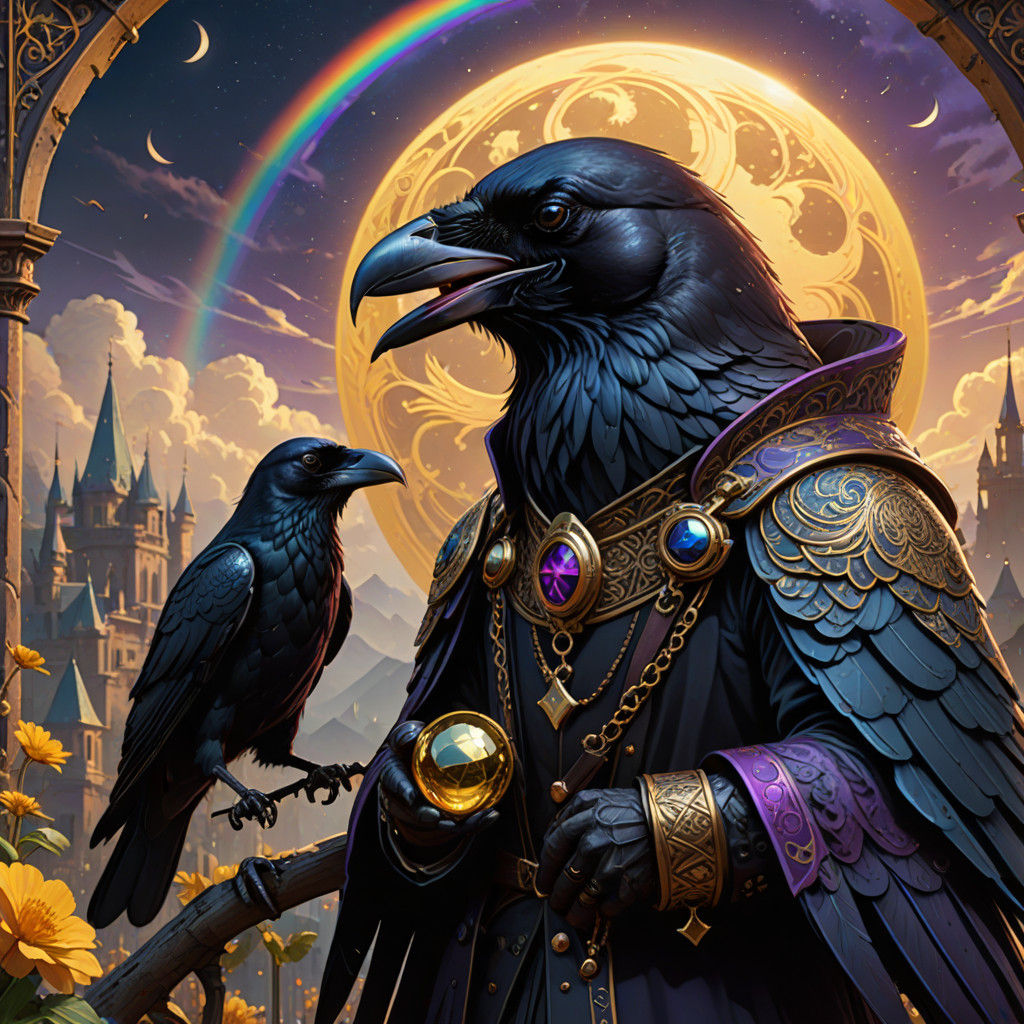 a whimsical raven holding an ace of spades in his mouth under a rainbow and yellow moon  by @EverAvalon
