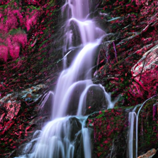 a pink waterfall flowing into a beautiful lake, pink colours...