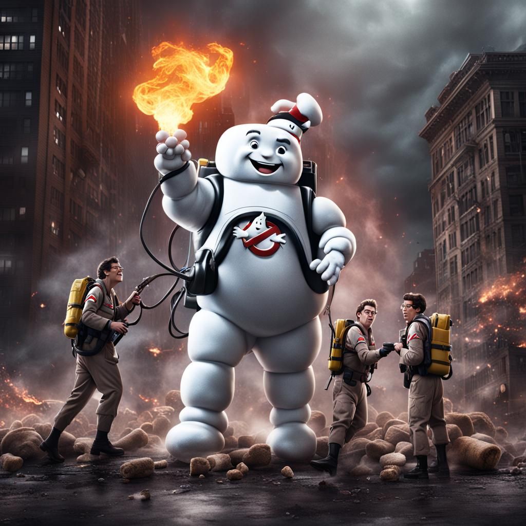 Ghostbusters fighting little marshmallows