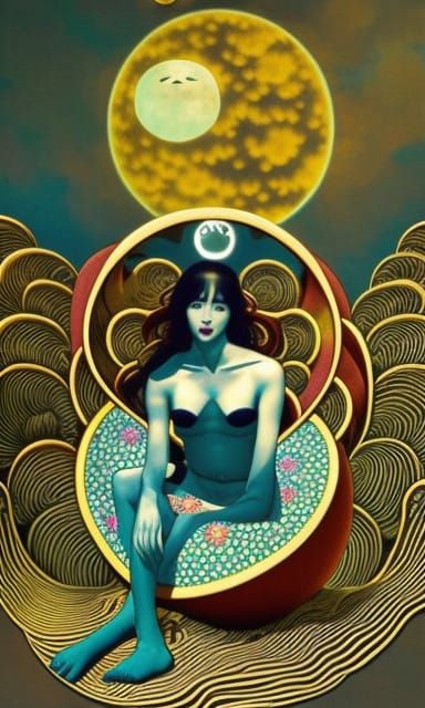 woman in Surreal artisanal chair made entirely of Sun and Mo...