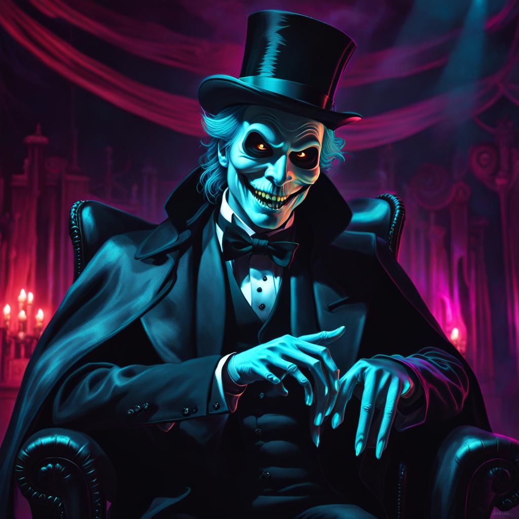 fantasycore portrait of a transparent ghost bioluminescent creepy cryptid magican, black cape, top hat, ...  by @haightash wong