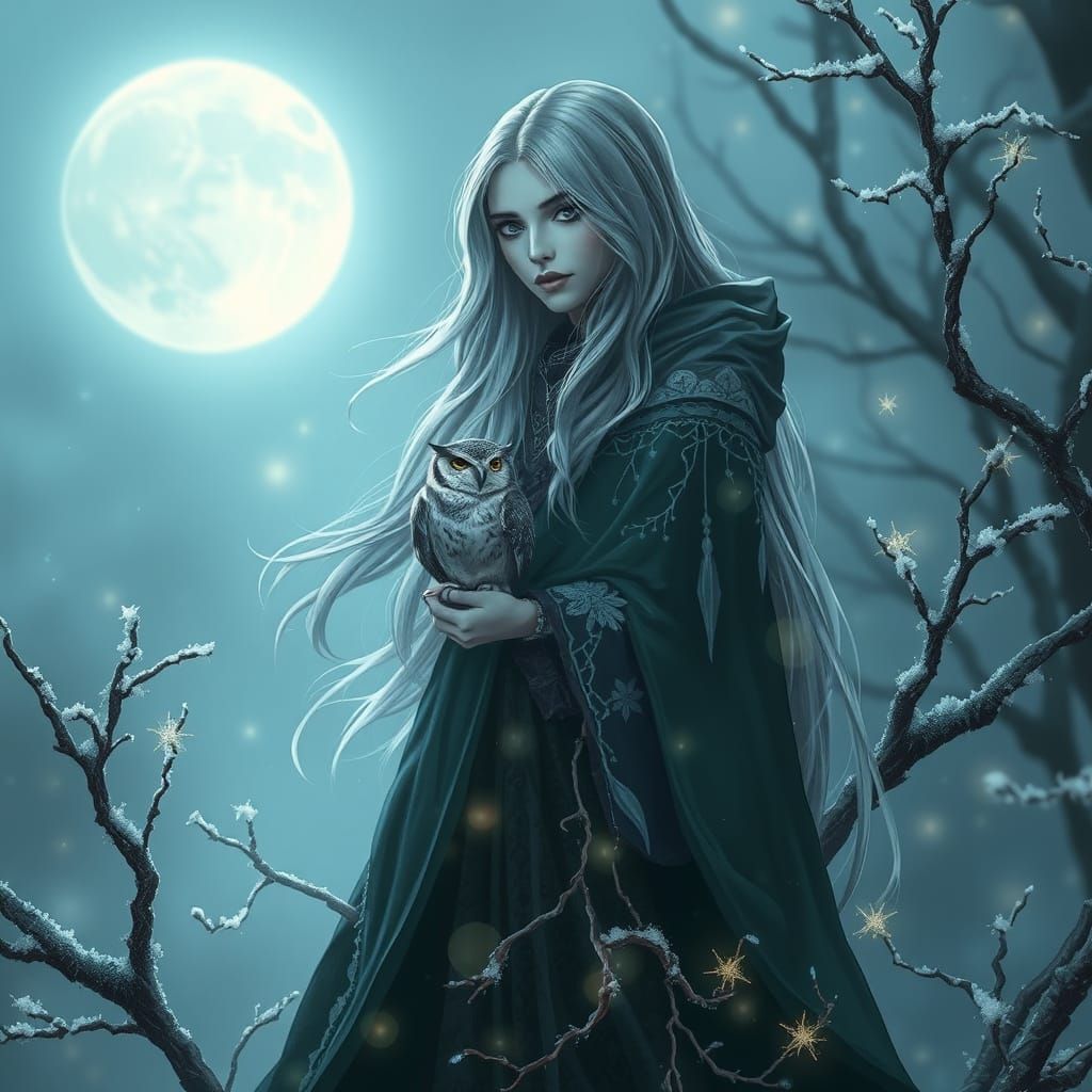 The Diamond-Crowned Witch: A tall, graceful figure with long, flowing hair and eyes as cold and sharp as polished glass, her cloak covered i...