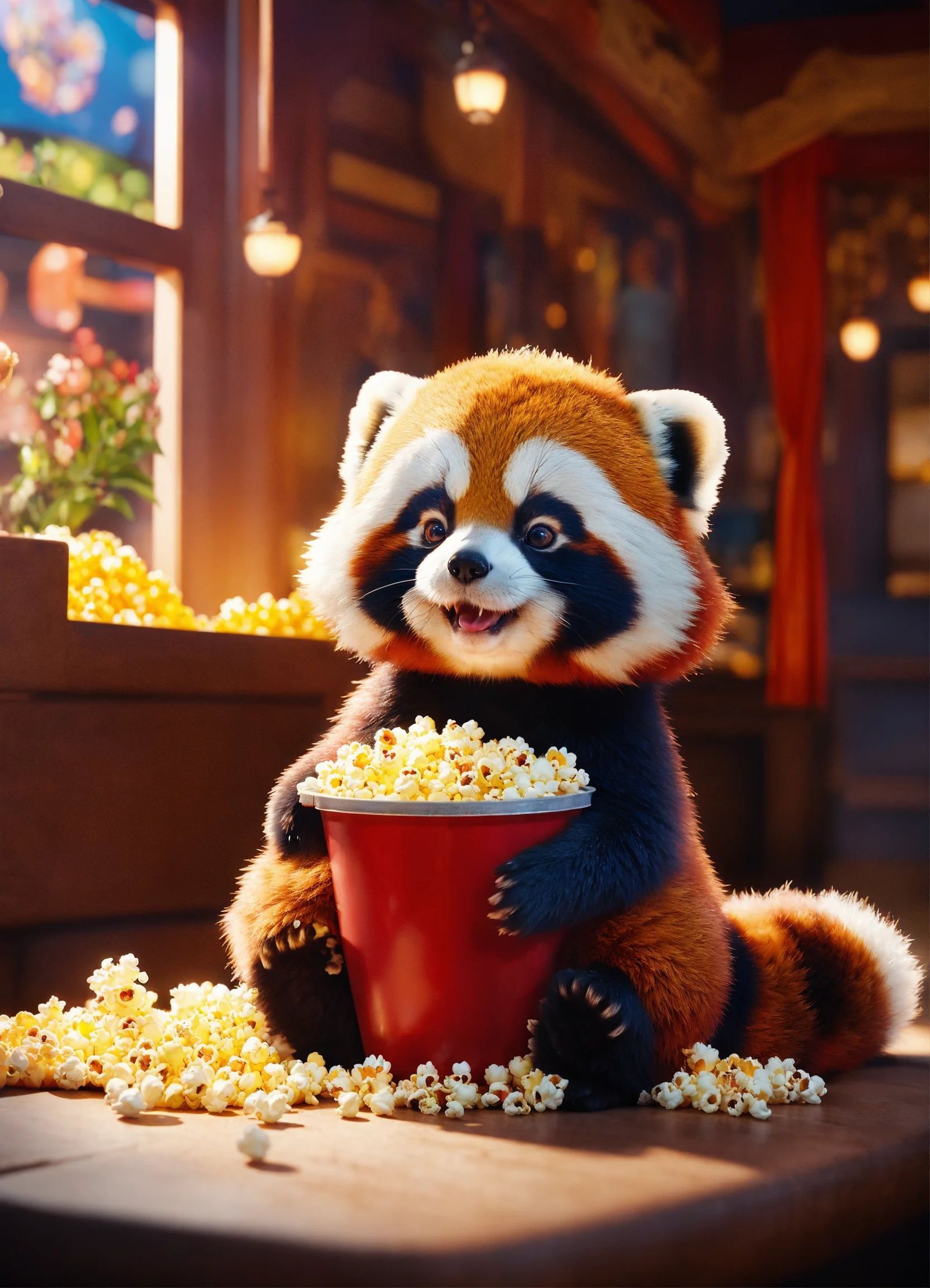 Cute small humanoid red panda sitting in a movie theater eating popcorn watching a movie