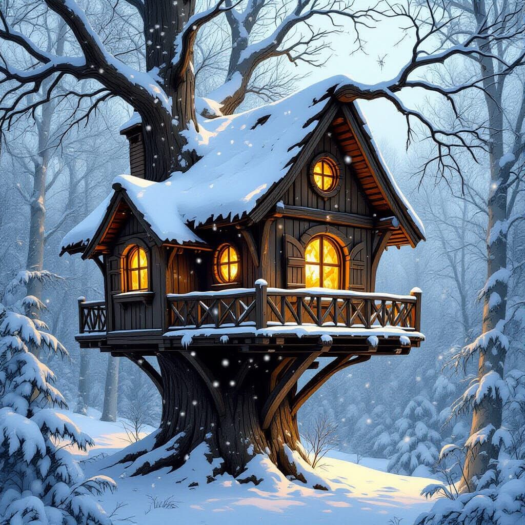 Snowy Ancient Treehouse in Forest