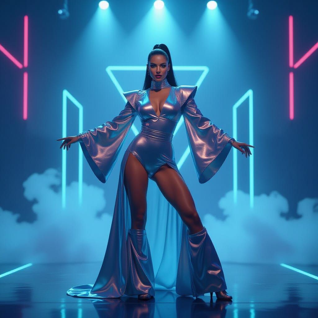 envision a futuristic cabaret dancer on a stage bathed in neon light, clad in a shimmering, iridescent costume that seems to defy gravity. H...