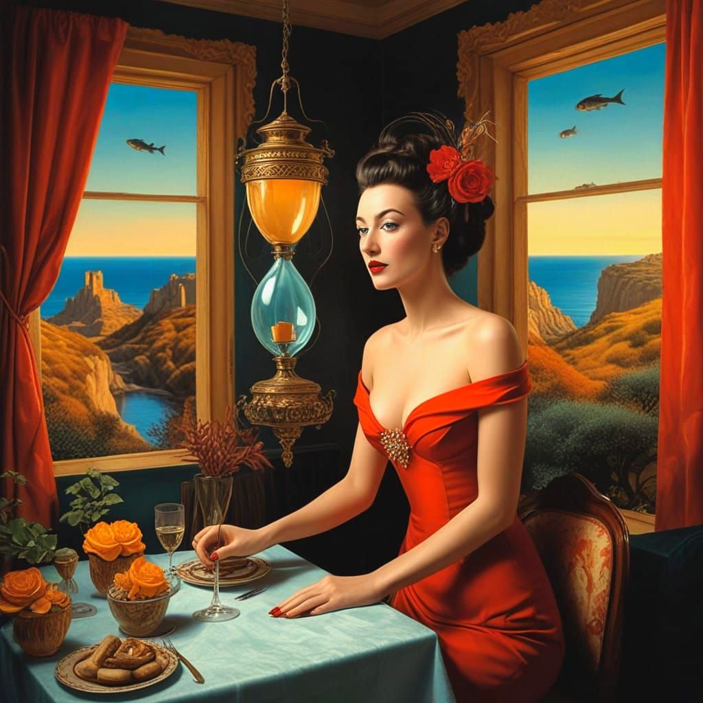 Surrealistic Portrait of a Happy Mature Lady in Vibrant Land...