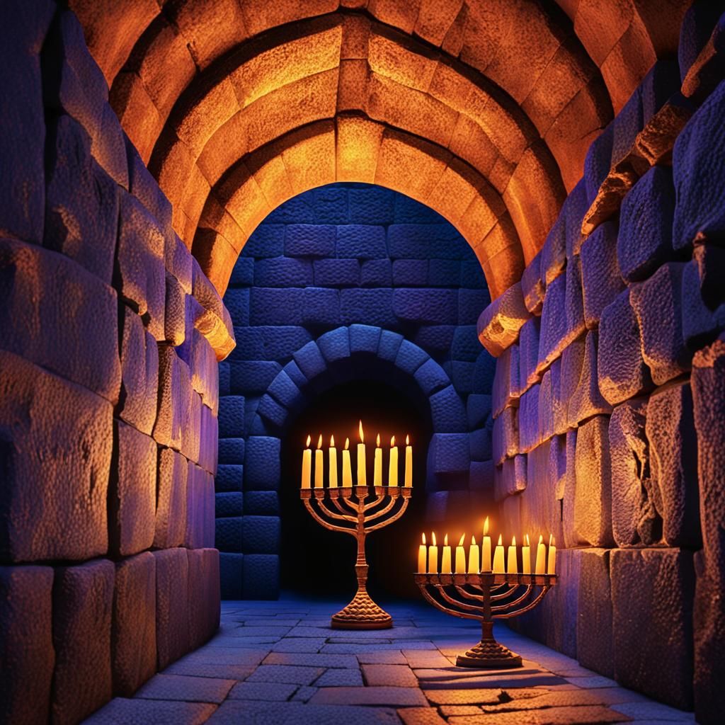 במרכז מנהרה חשוכה עומדת חנוכיה דולקת, האור שלה זורח ומאיר את הסביבה