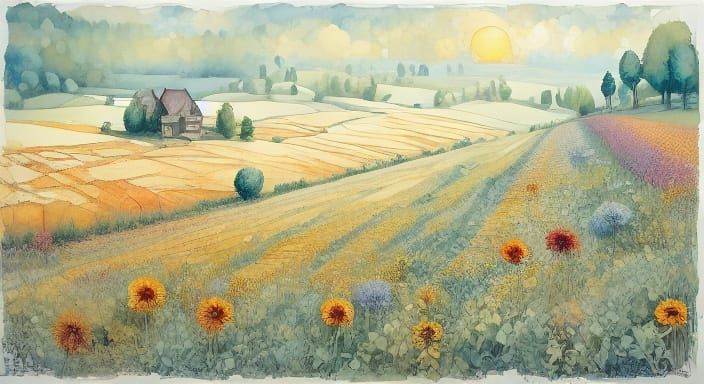 Whimsical Watercolor Village in the Countryside