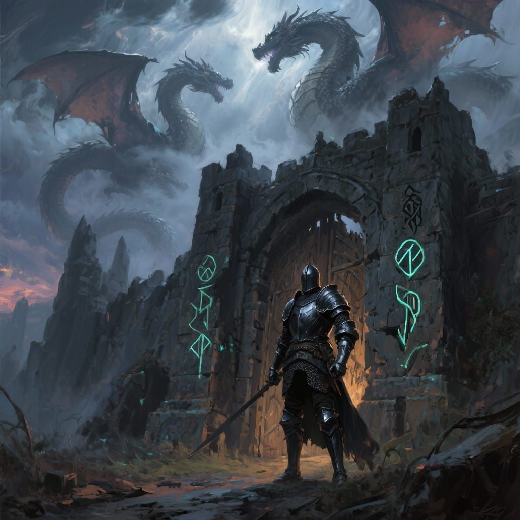 A solitary knight, clad in obsidian armor etched with ancient runes, stands guard before a colossal, crumbling fortress gate. Spectral drago...