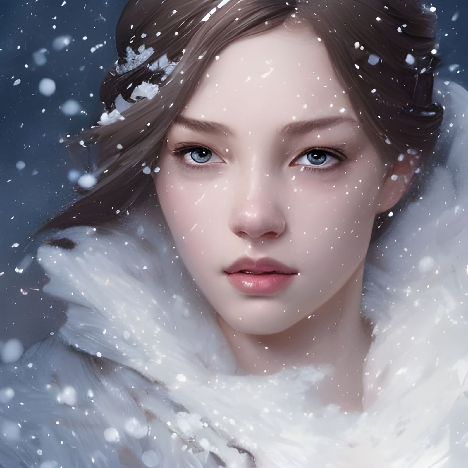 The beautiful sparkling snow girl under the snow fall