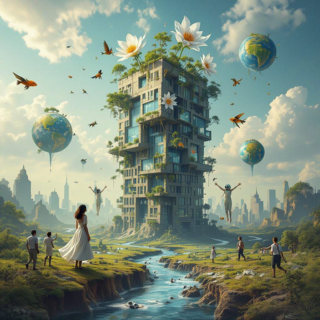 Surreal Upside-Down Skyscraper with Floating Earth