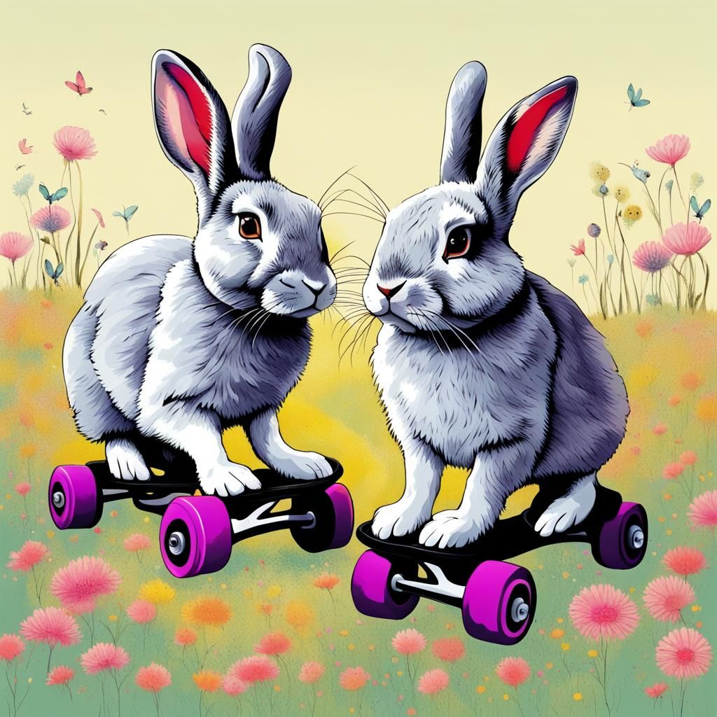 a herd of rabbits wearing roller skates, roller skating on a...