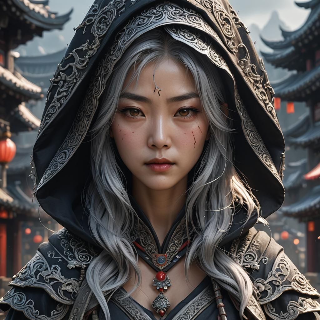 korean lady silver hair black hood
