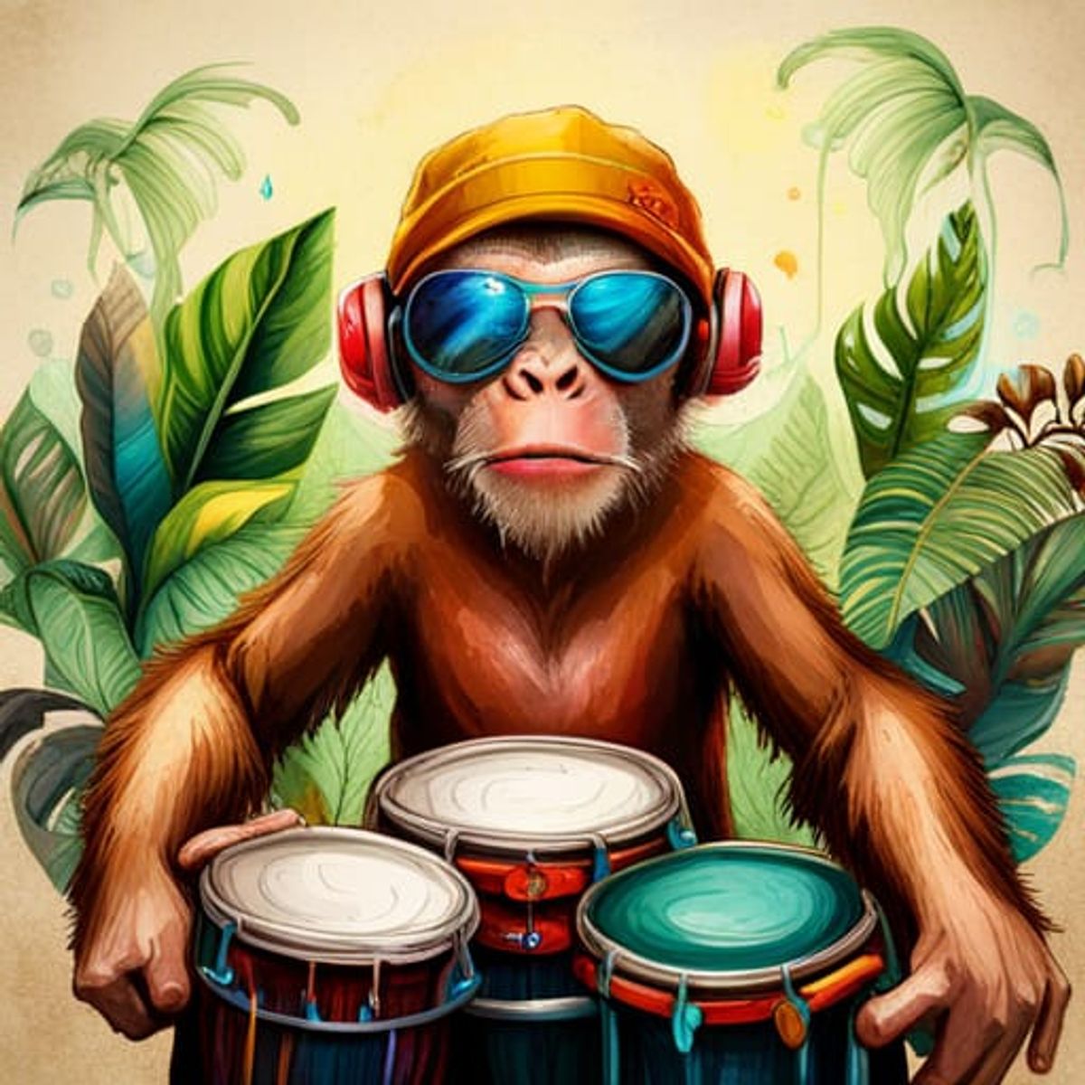 Portrait of adorable monkey play the drums and wearing sunglasses by ...