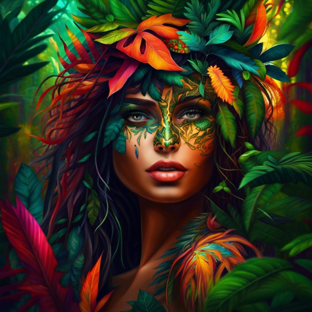 Perfect woman embrace the jungle forest 8k beautiful colors fine design ...