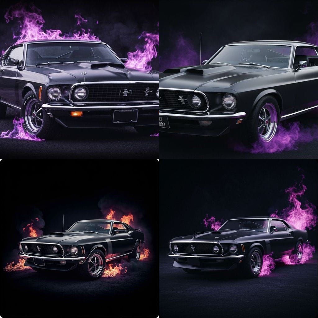 crystal 1969 Ford Mustang Boss 429 Fastback, surrounded by dramatic black and deep purple flames rising around it