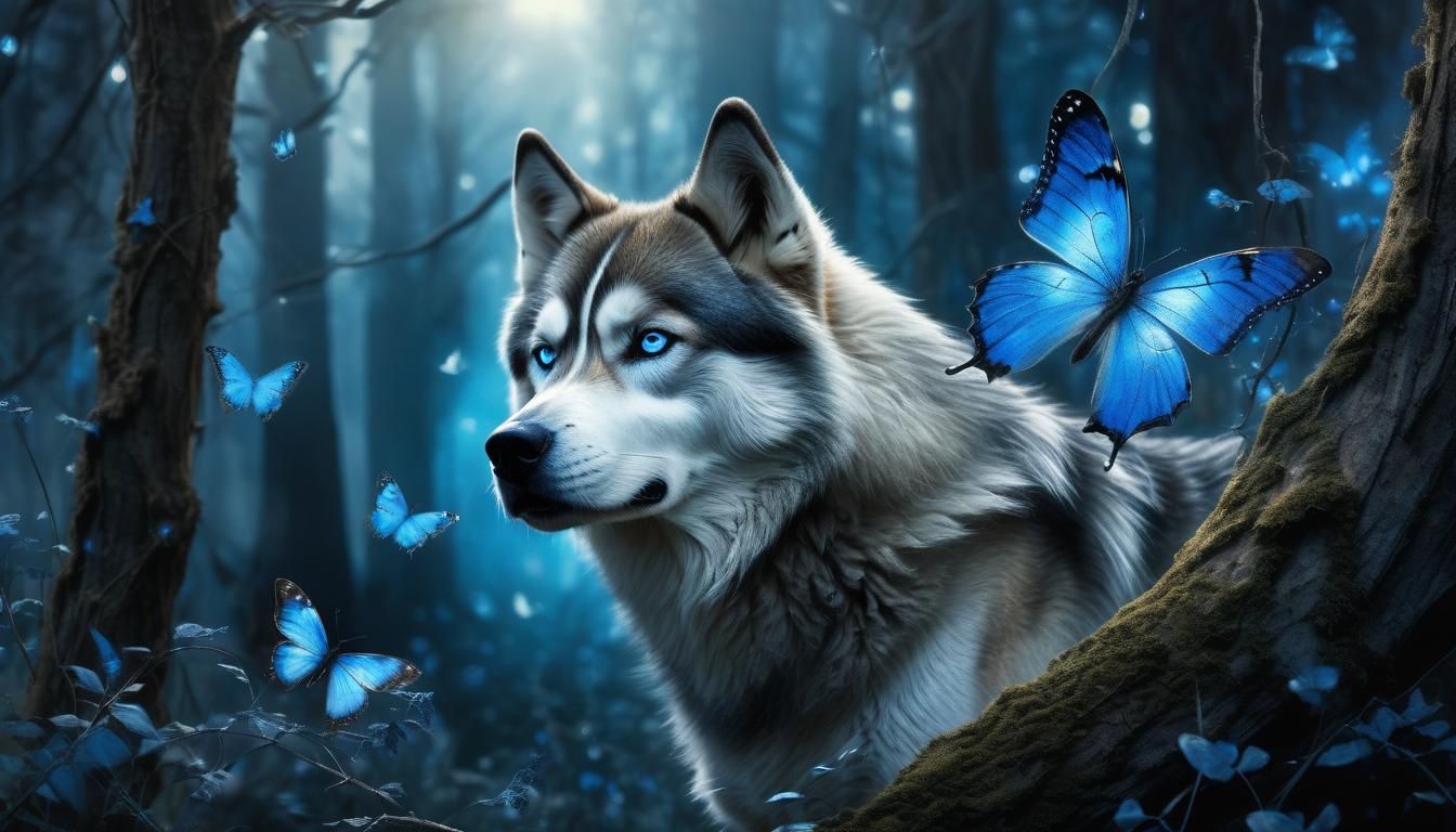 A mystical painting featuring a husky-wolf hybrid character with piercing blue eyes and a mature, serene expression.