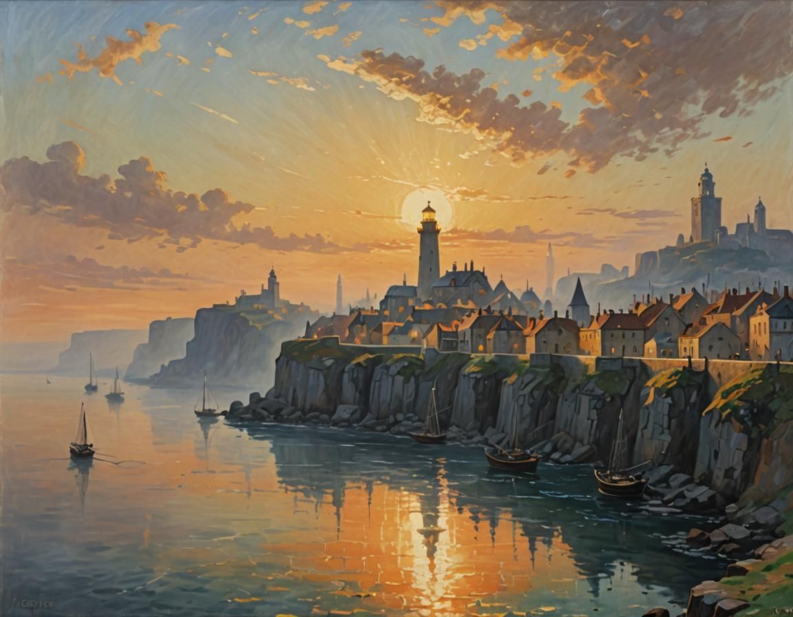 fantasy Medieval port city of grey stone with sea walls, an ancient lighthouse, and a central citadel. oil painting, sunset lighting, middle...