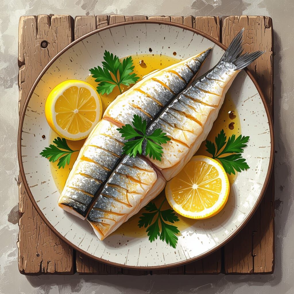 Herring Fillet Plated in Hyperrealistic Digital Art