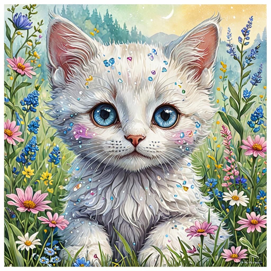 Adorable Crystal Kitten, Digital Illustration, Line Art, Colouring Book, Full Background