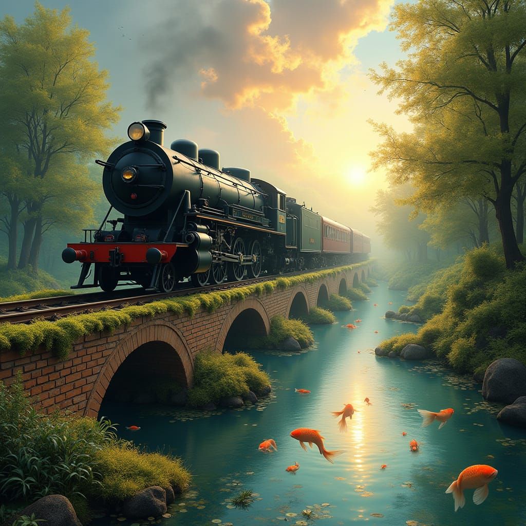 Steam Train Emerges from Horizon in Ethereal Landscape