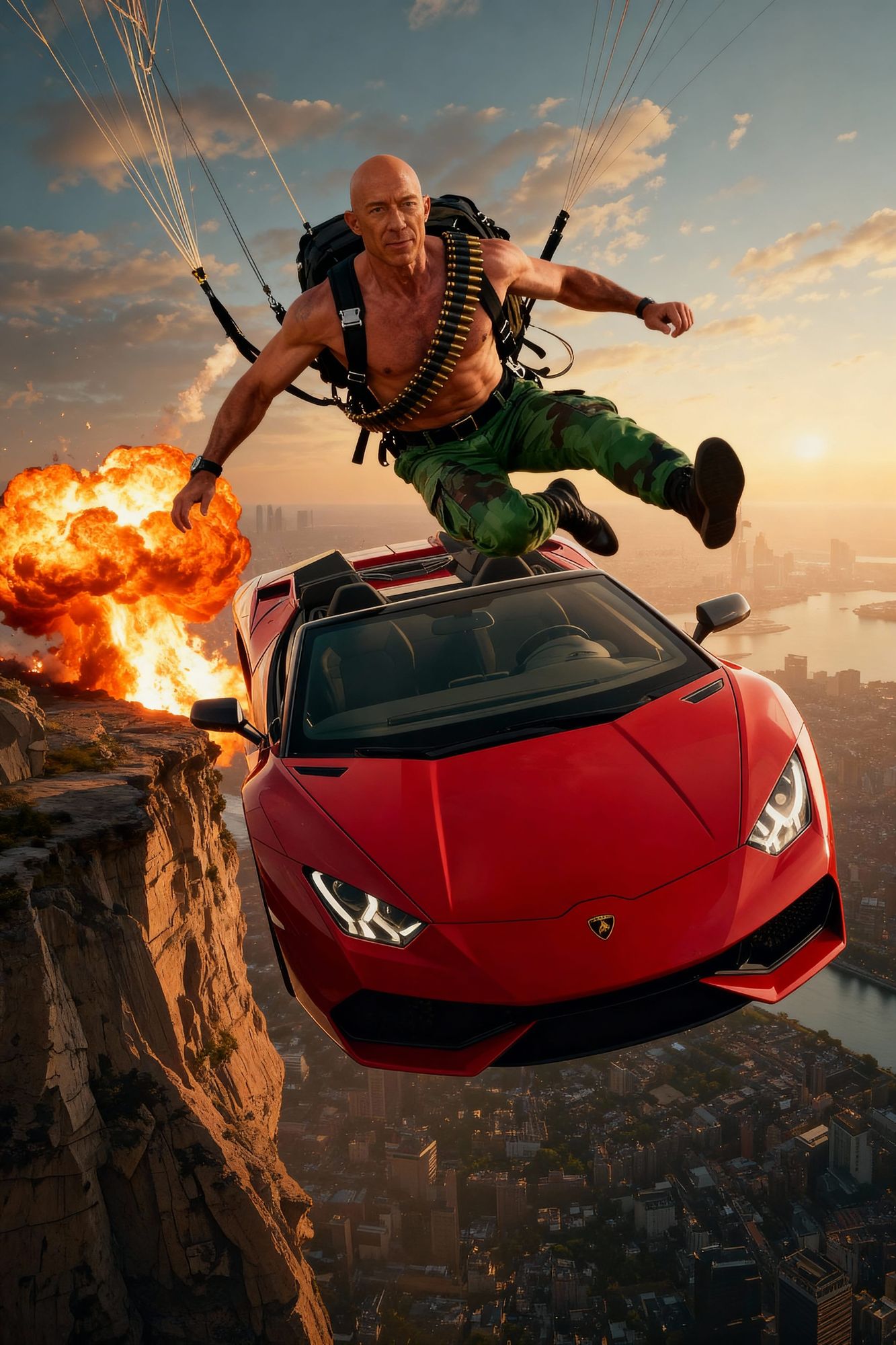 Swap the guy in the photo with the car for the photo of the other guy, change his pose slightly to match facing forward, preserve all other ...