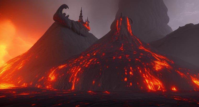 A evil castle in a volcano surronded by lava detailed matte ...