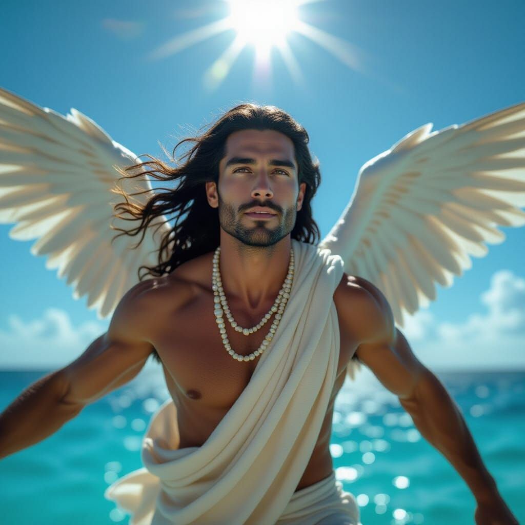 Male Angel in Toga Soars Over Ocean