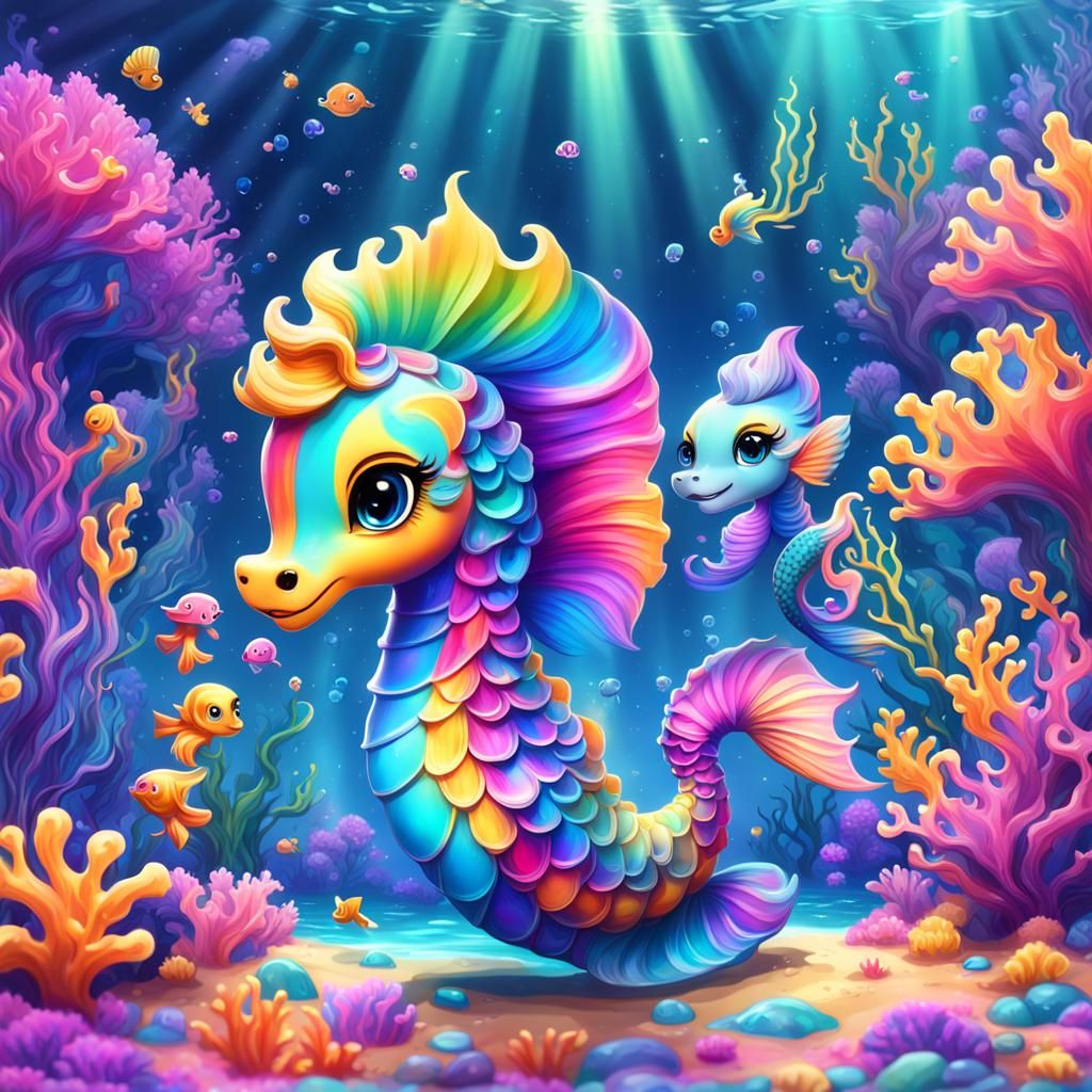 Cute chibi seahorse and mermaid in the ocean Lisa frank style - AI ...