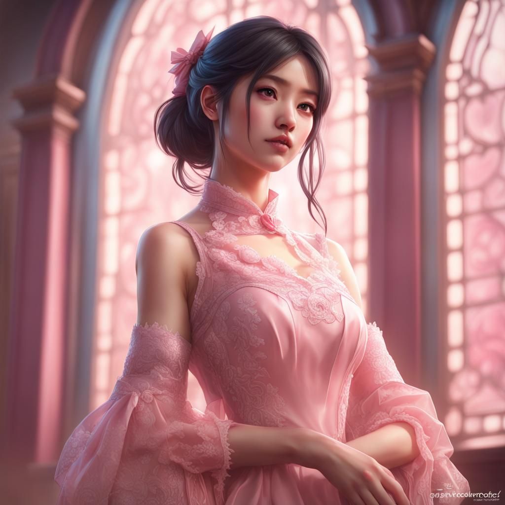 Lee Hyein Portrait in Pink Lace Dress, Hyperdetailed Art