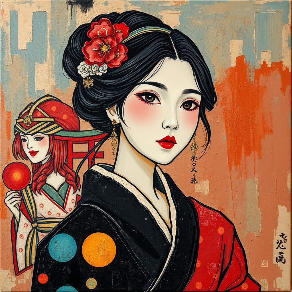 a painted old-school style Japanese wood block scene, textur...