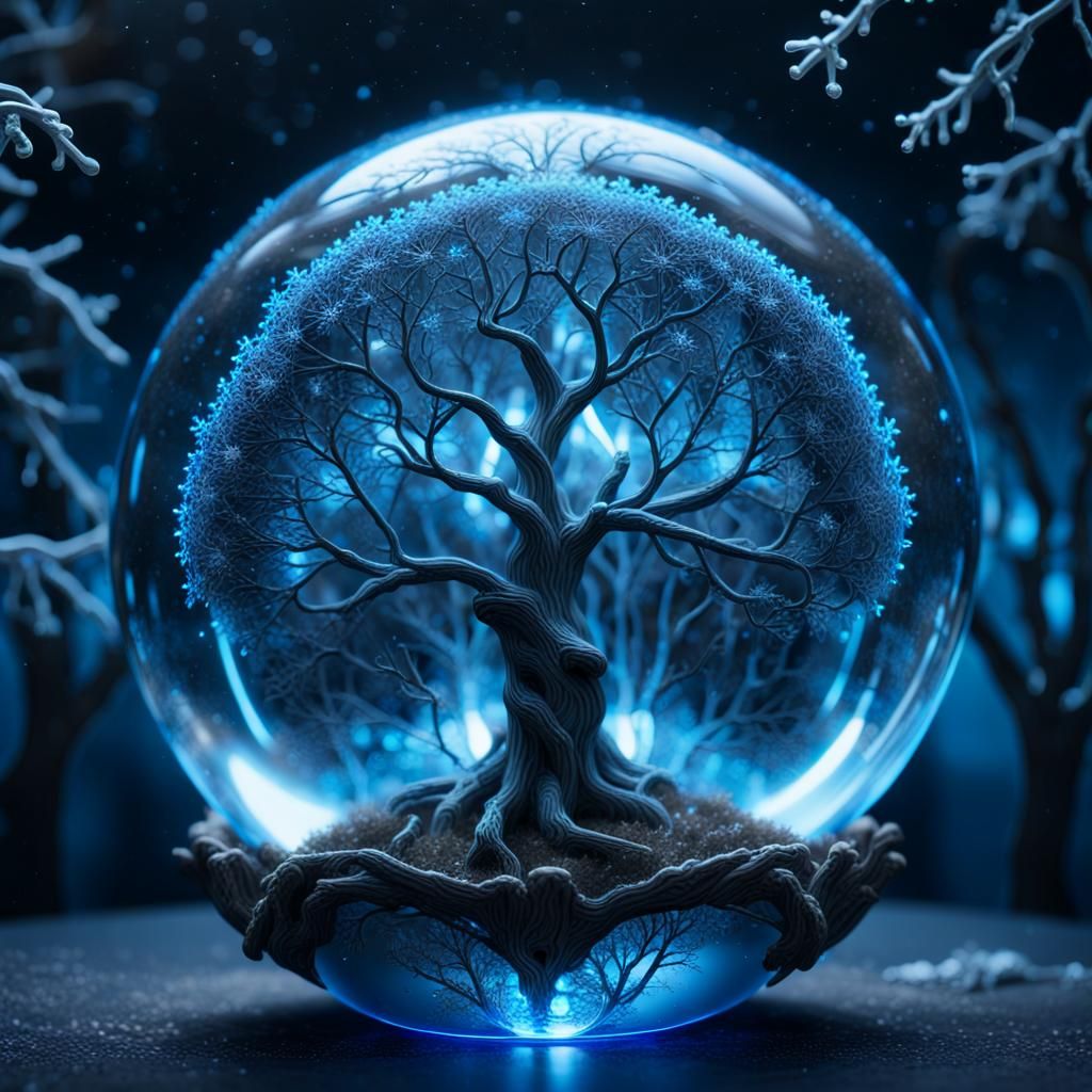 a glass ball with a fantasy tree inside