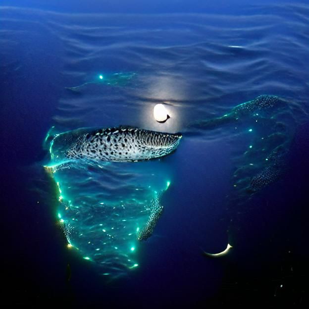 A whale shark swimming in the ocean under a full moon