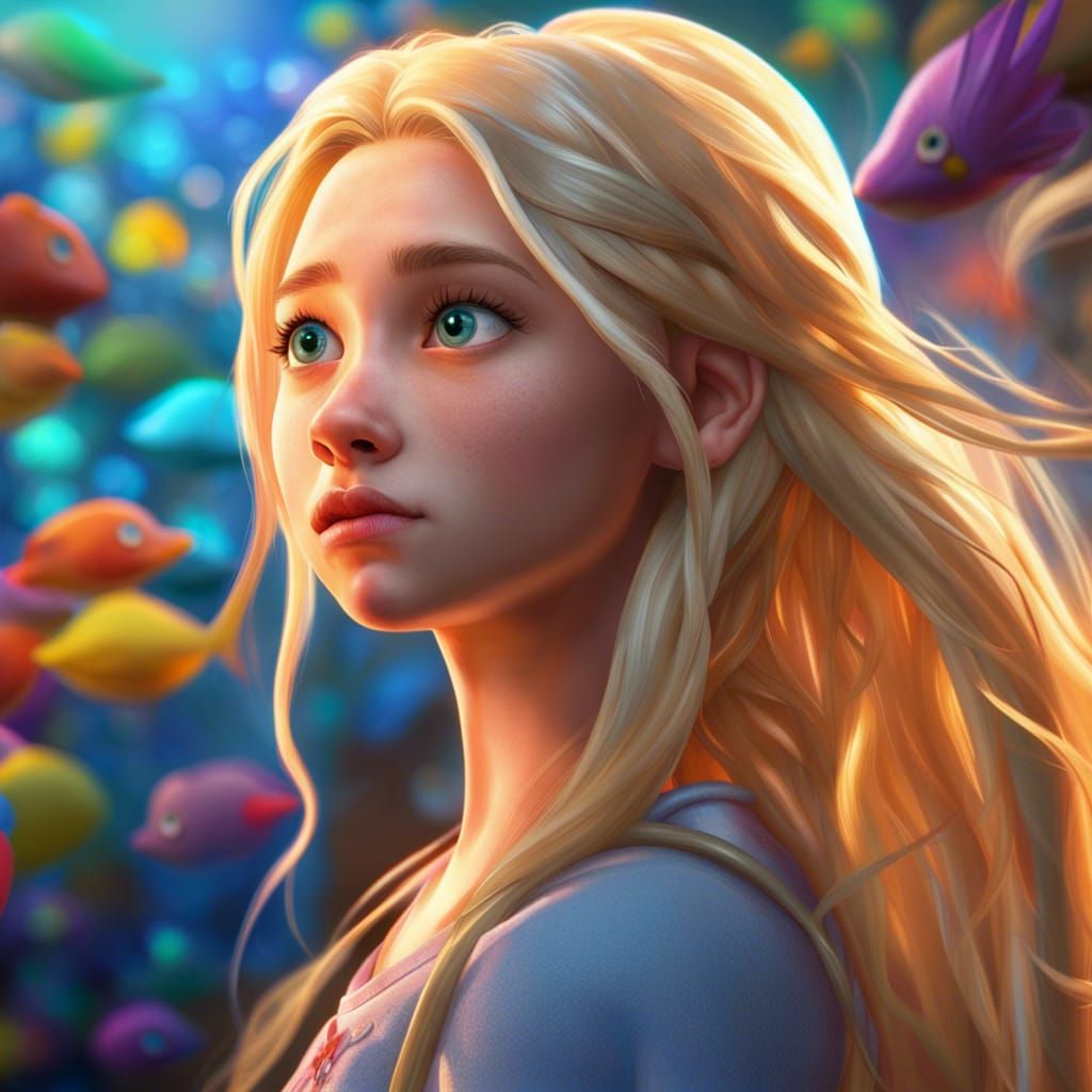 A half siren girl, 17-year-old, beautiful, fully human, long blonde hair, hyperrealistic, Pixar style