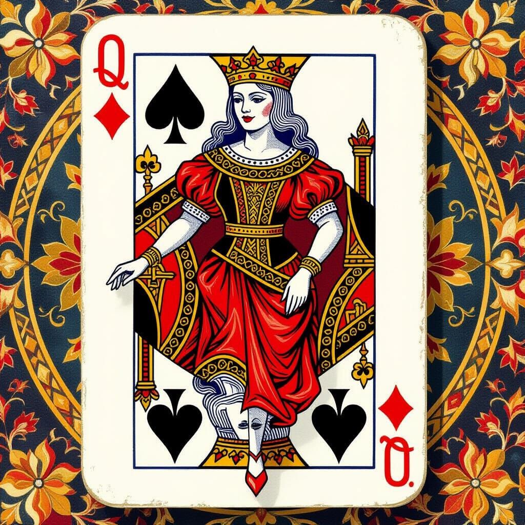 Queen of♦️ diamonds playing card. a three-dimensional figure of a red ♦️queen is stepping out of the card.