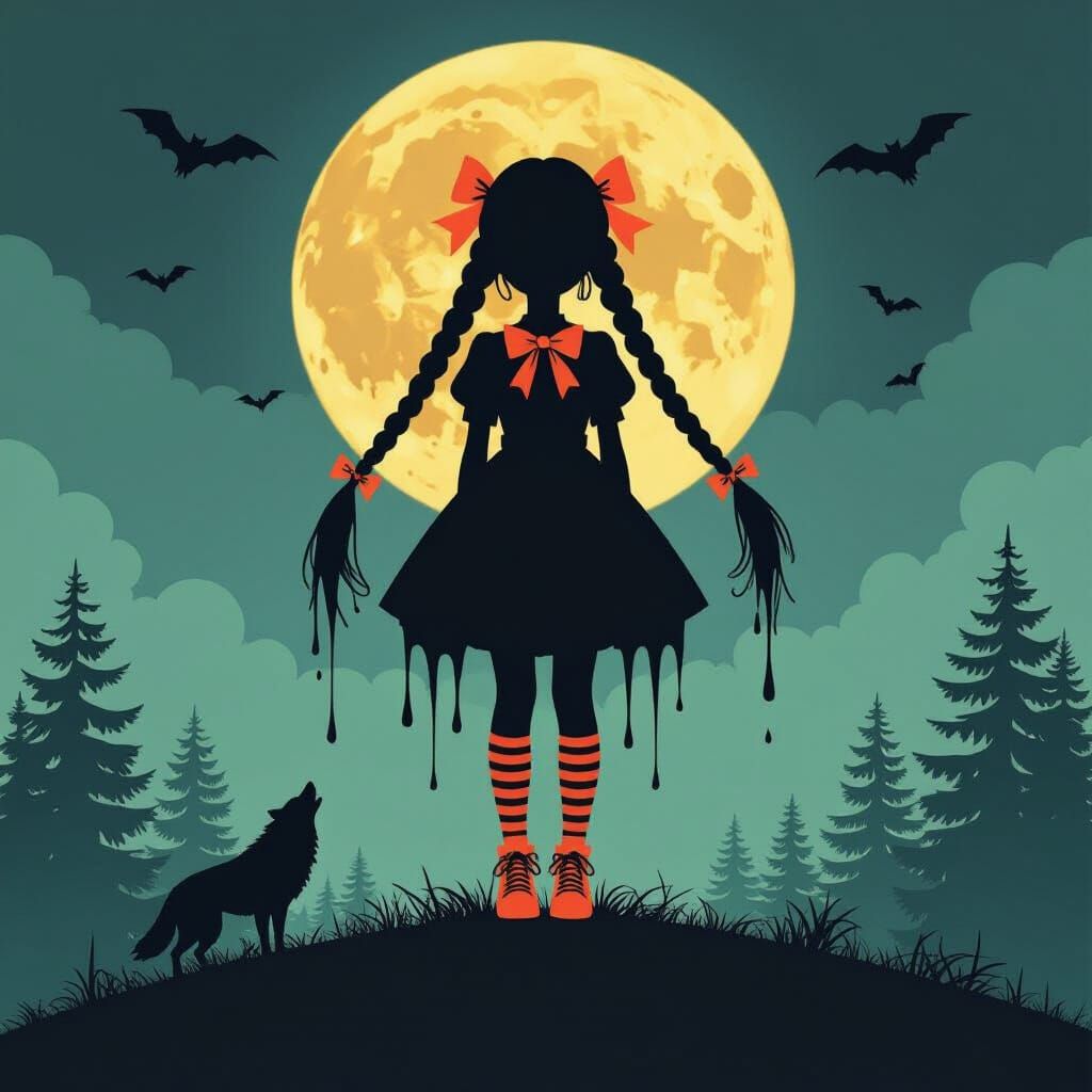 Surrealist Silhouette of Girl with Bows and Orange Shoes