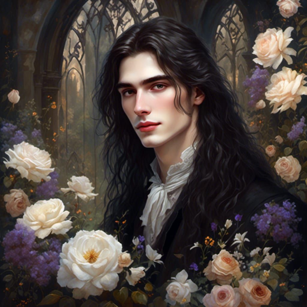<lora:Fairytale dark:1.0> Very pale skin young lean man with dark brown hair, long hair,  painting style, flowers, very dark colors, golden...