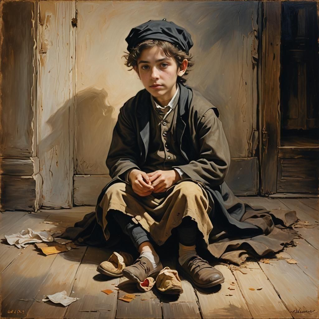 Hasidic Boy Begging in Torn Clothing