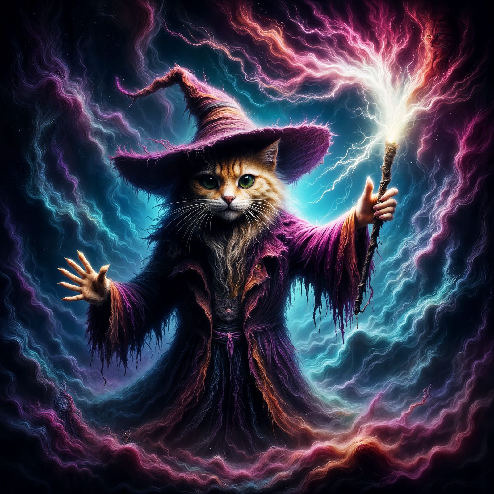 Surreal Black Cat Wizard in Vibrant Halloween Colors