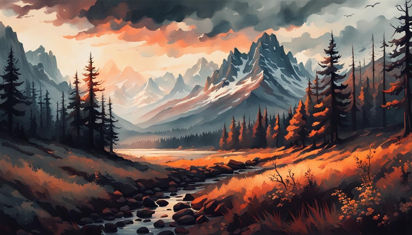 Sunset Forest and Mountain Watercolor Painting