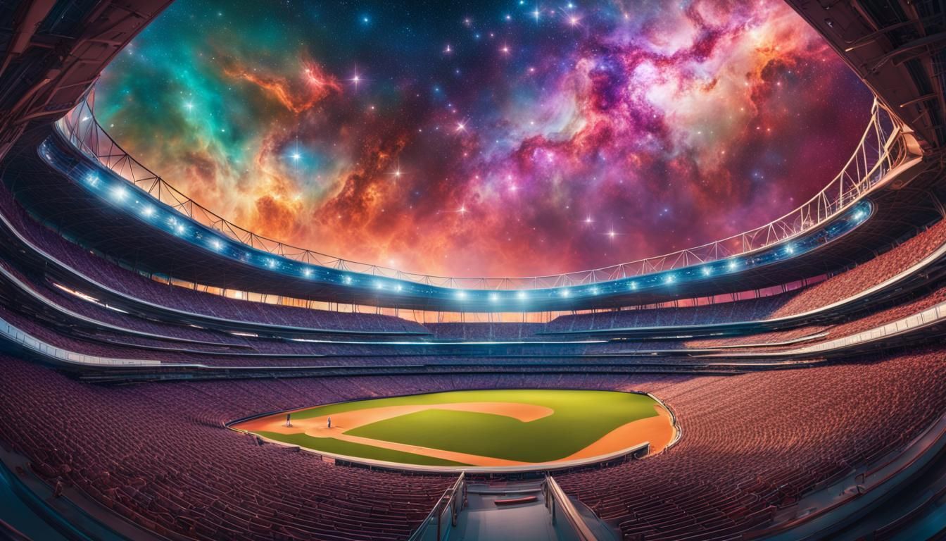 A vibrant, futuristic baseball stadium suspended in the cosmos