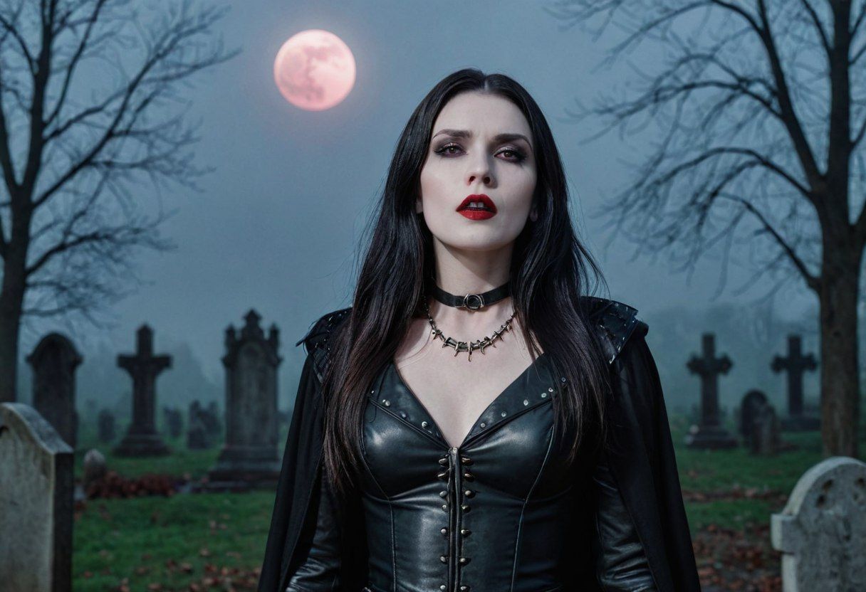 Enigmatic Gothic Vampire Woman in Misty Graveyard at Night
