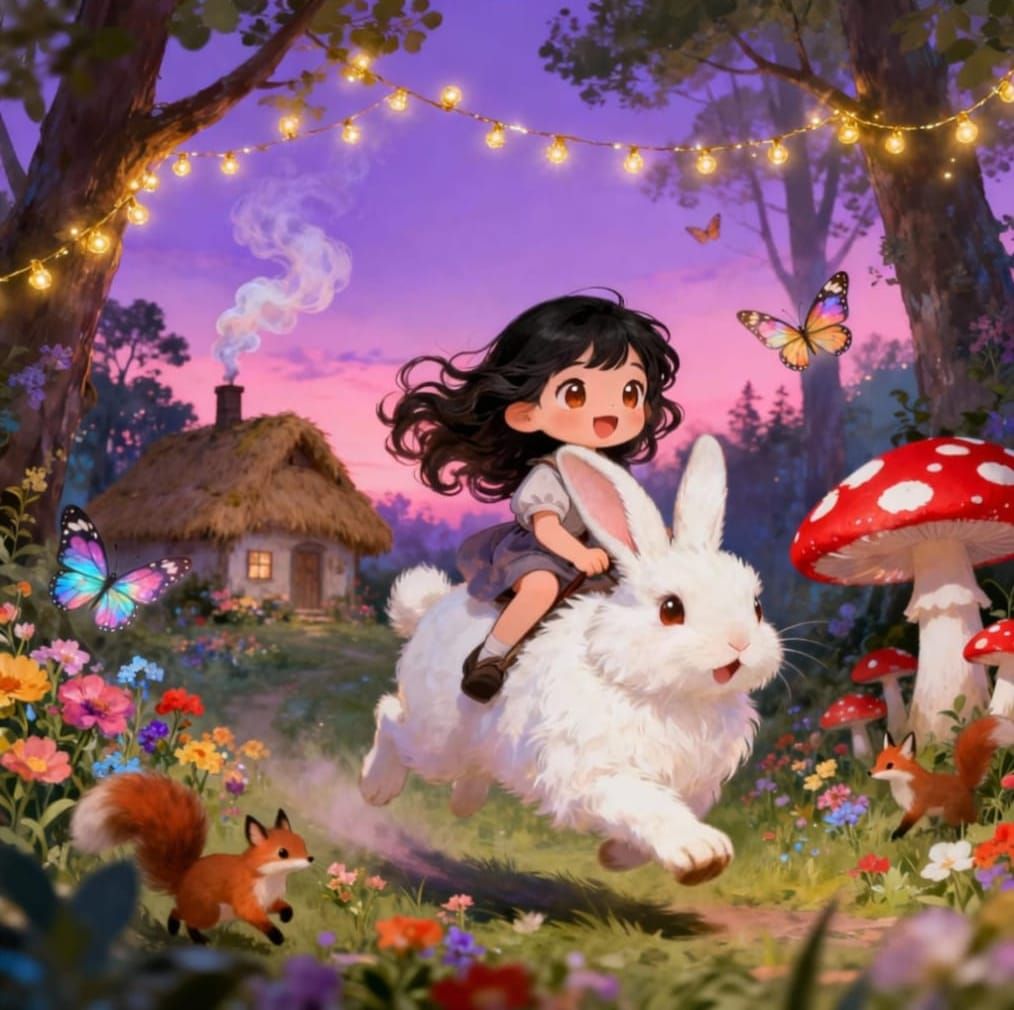 Happy with rabbit in the forest 🌙🐇🌞🍃🌳