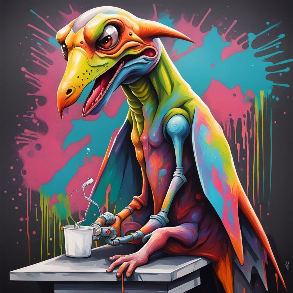 Anthropomorphic Pterodactyl physiotherapist, graffiti art, s...