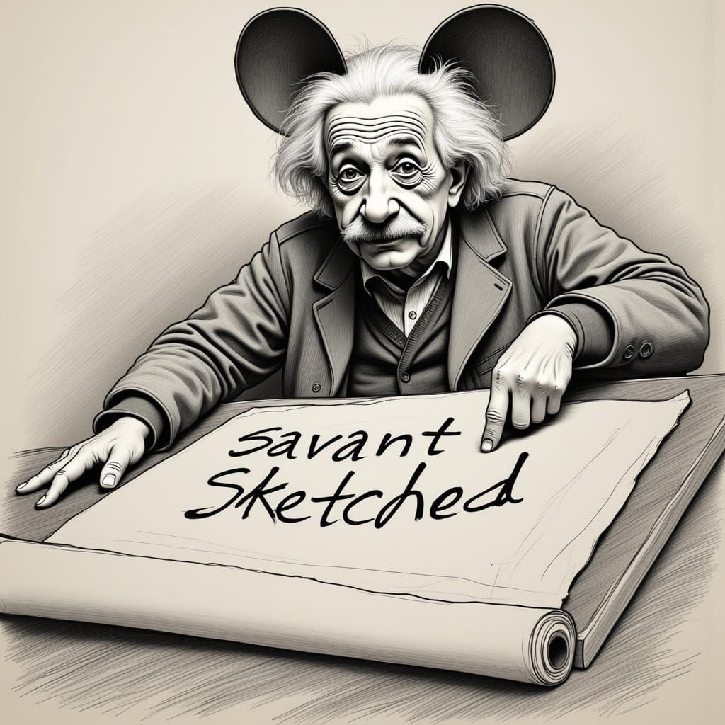 <lora:Savant Sketched:0.9> a sloppy savant grade pencil sketch of an extreme close-up view over Einstein's shoulder (Wearing costume MickeyM...