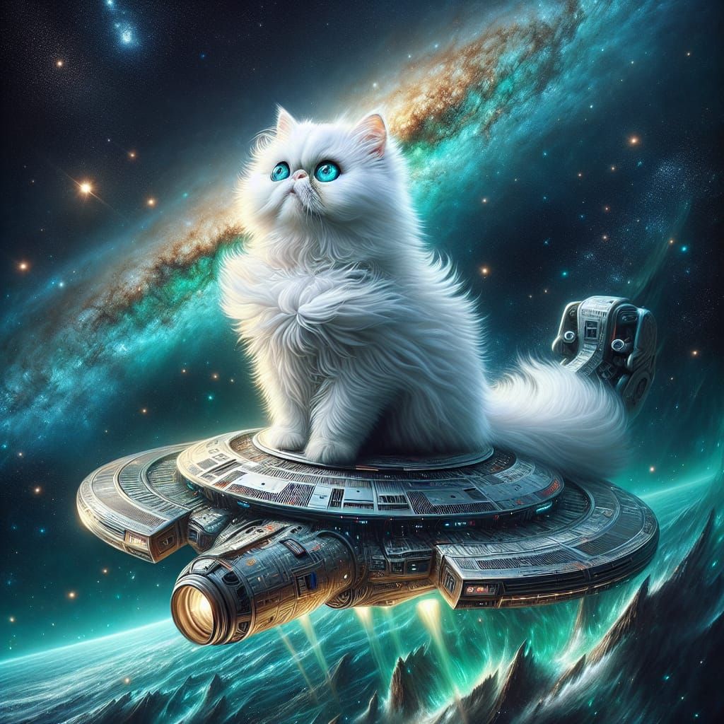 The image is a digital illustration of a fluffy Persian cat with large, expessive blue eyes, sitting on top of a futuristic spaceship.  The...