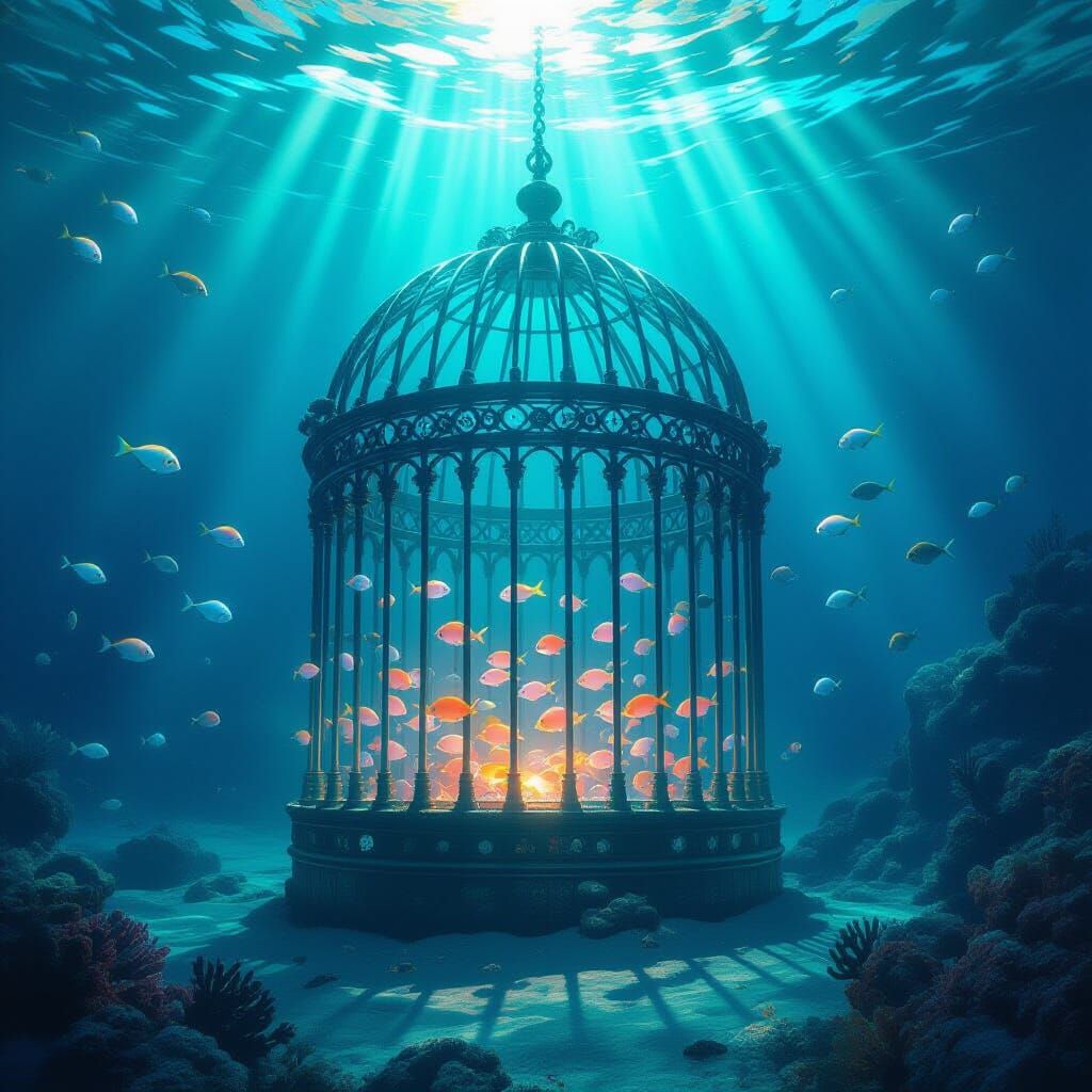 Daily challenge: Birdcages. An underwater scene with a massive, coral-encrusted birdcage resting on the seabed, housing schools of biolumine...